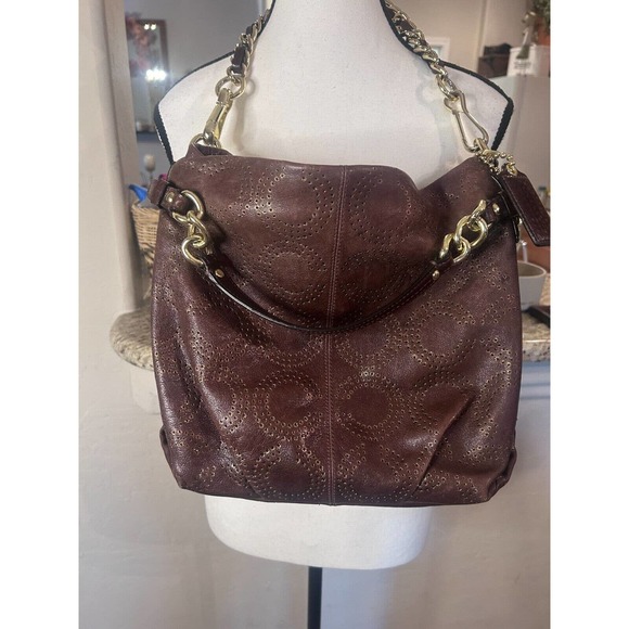 Coach Brooke Brown Perforated Leather Op Art Large Hobo Shoulder Bag 15003 - Picture 13 of 15